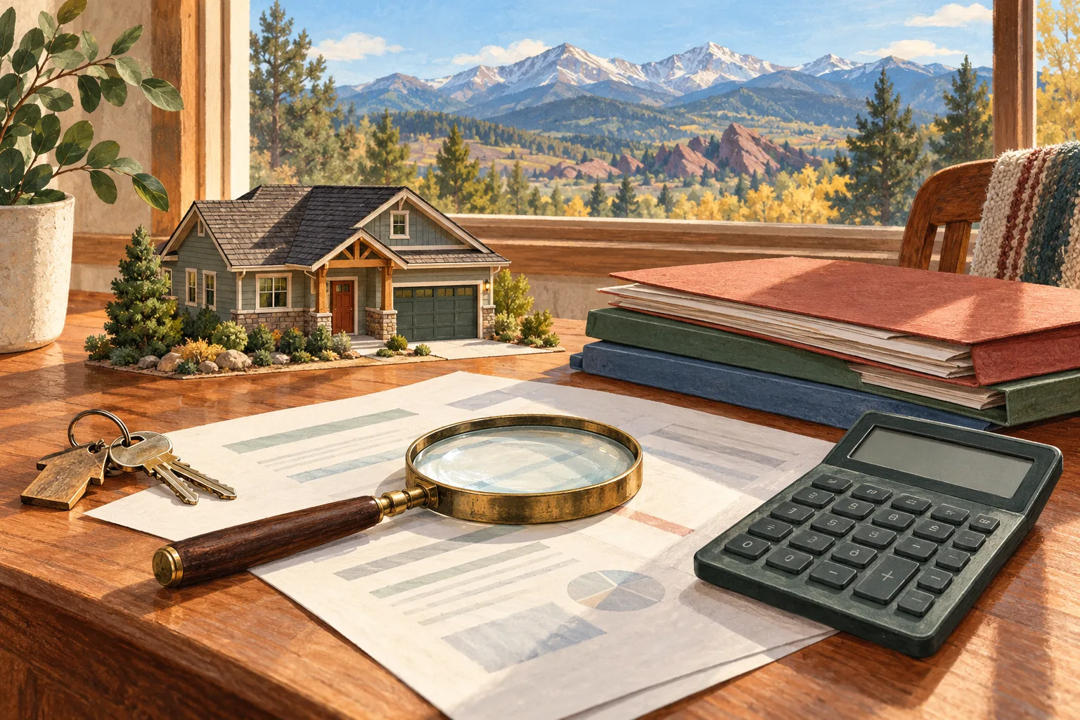 Illustration of mortgage folders, a magnifying glass, cash-gap papers and a fictional Colorado house model