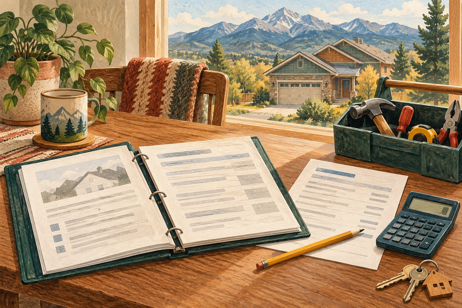 Illustration of an inspection report, toolbox and credit worksheet beside a fictional Colorado home