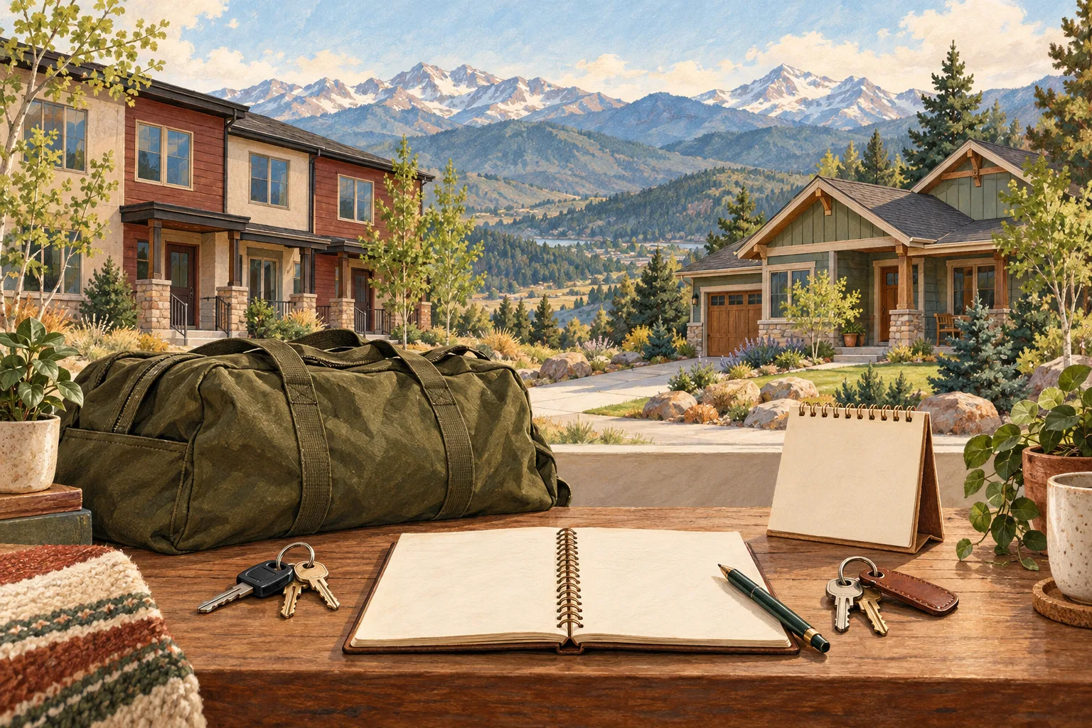 Illustration of an olive moving duffel, keys and planning notebook between fictional Colorado rental and purchase homes