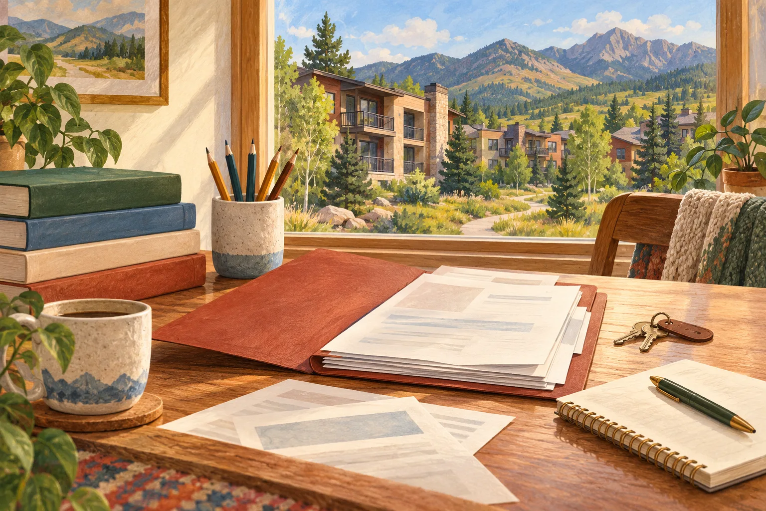 Illustration of teaching books and condominium documents in a study overlooking fictional Colorado condos